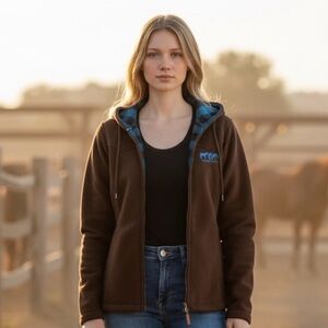 Outback Trading Chocolate Brown Fleece Hoodie Turquoise Plaid Flannel Lined